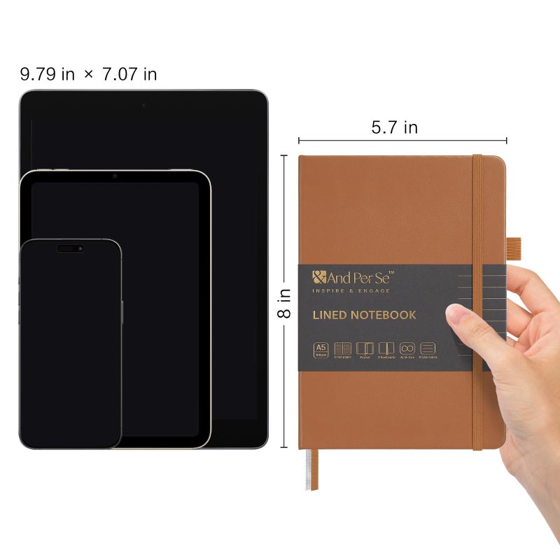 ⩓ Per Se Lined Journal Notebook، 160 صفحة، A5 5.7 × 8 بوصة مجلات ورقية سميكة مسطرة بالكلية للكتابة، دفاتر ملاحظات ذات غلاف فني للنساء والرجال والمدرسة (عبوة واحدة، بني فاتح) - Image 3